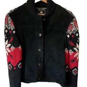 Vintage Leather Cotton Fair Isle Snowflake Sweater Jacket Button Front Sz Small